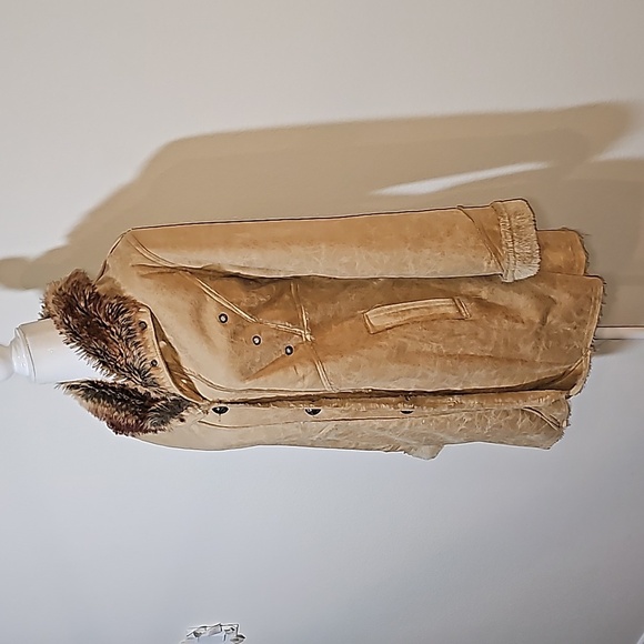 Morricci Coat Jacket Penny Lane Lined Faux Suede Faux Fur Collar Pockets Tan L - Picture 3 of 12